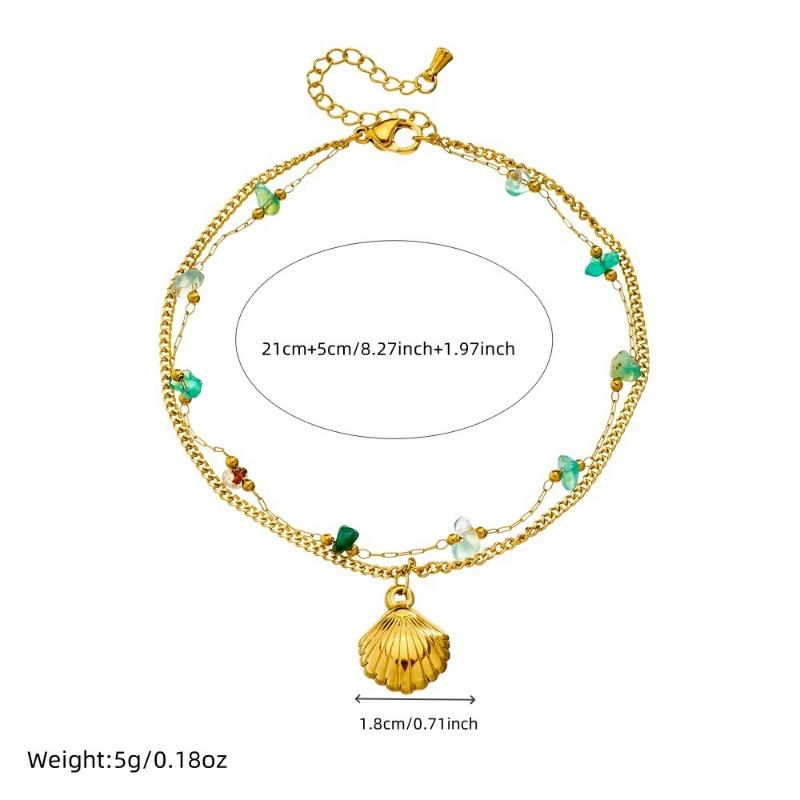 Gold Plated Layered Shell Anklet, Dainty Green Stone Beaded Foot Bracelet with Seashell Charm, Boho Beach Jewelry for Women Gift