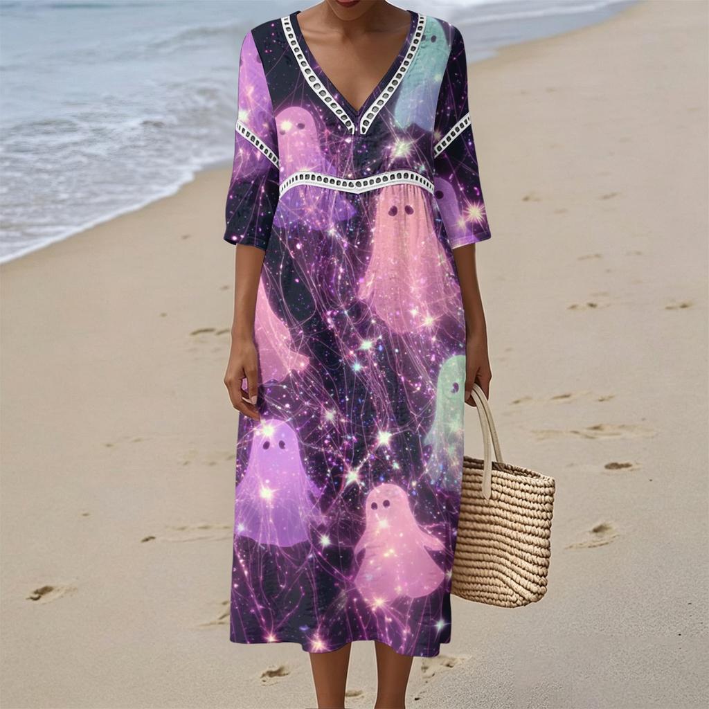 Women's Casual V-Neck Midi Dress with Halloween Print Pattern for Summer Beach and Party Occasions
