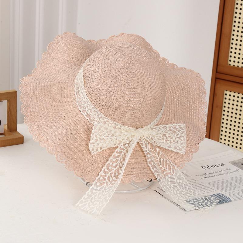 Summer Bow Sun Hat Female, Seaside Beach Vacation Sun Hat Outdoor Big Brim Sun Hat Sweet Straw Hat