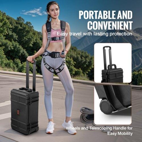 VEVOR Weatherproof Hard Case, Heavy Duty Protective Dry Box Case with Pre-cut Foam, Wheels & Retractable Pull Handles for Travel, Hunt, Military