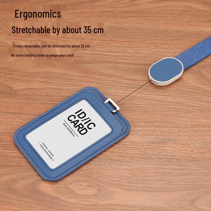 Durable Leather ID Card Holder with Retractable Lanyard, Waterproof, Dual-Orientation Use