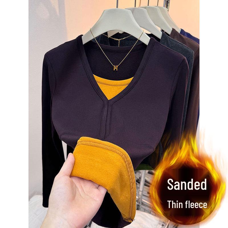 

Women s Color-Block Brushed Base Layer Shirt - Autumn/Winter, Stylish, Age-Reducing European-Inspired Top XL [Recommended 120-140 jin]