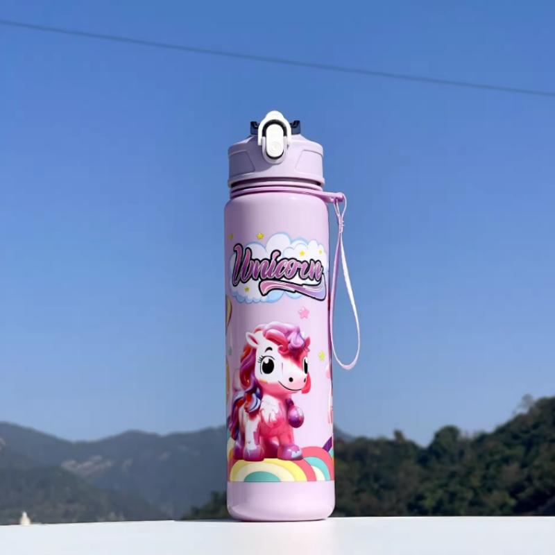 Einfarbige Pony-Wasserflasche 750ML mit Strohhalm Niedliche Cartoon-Wasserbecher für Kinder Camping Trinkflasche