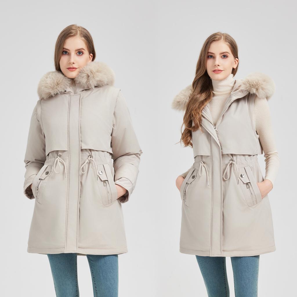 New live-sleeved large fur collar medium and long outer mold shooting fleece pie to overcome women's cotton-padded clothes, cotton-padded coats
