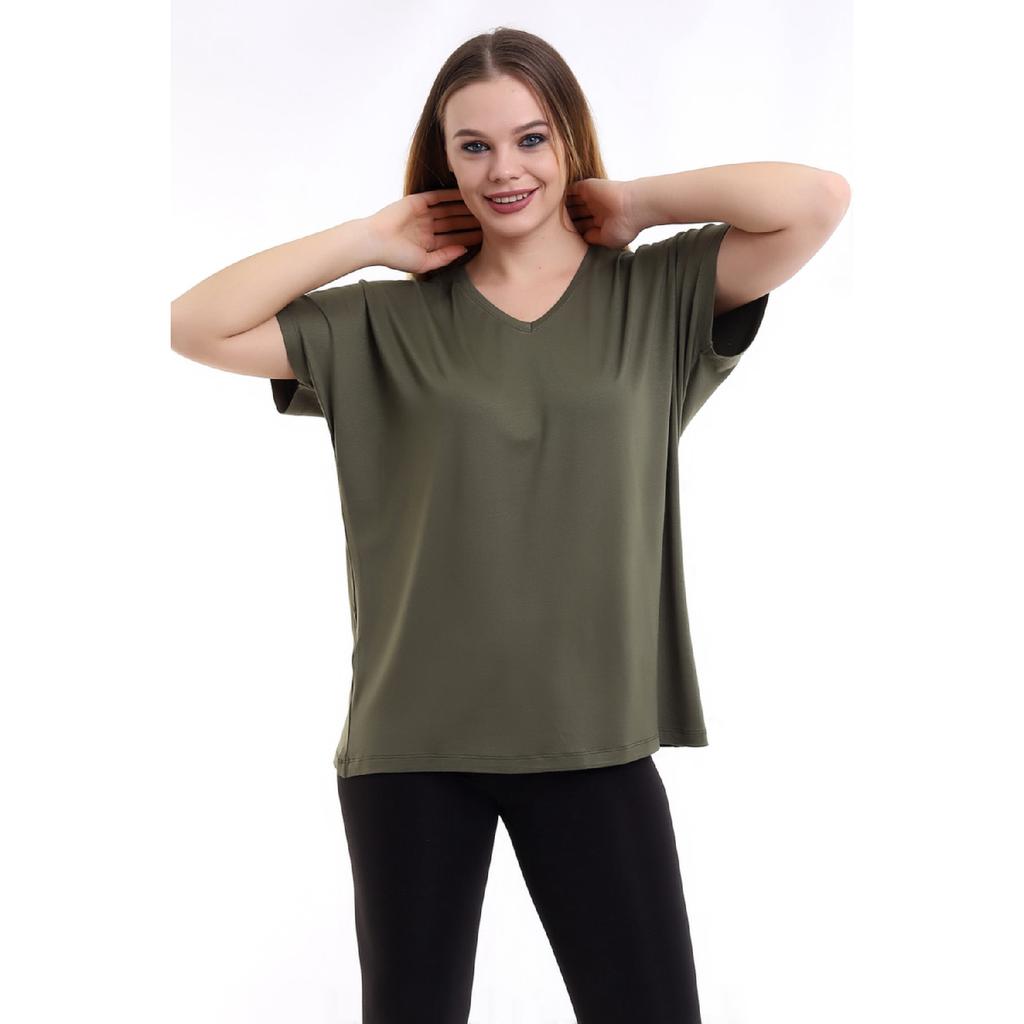 Damen Schwarzes Übergröße Basic T-Shirt mit V-Ausschnitt