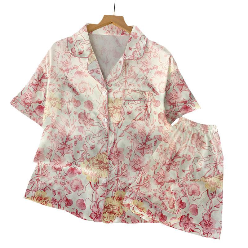 National Style Retro Flower Print Ice Silk Pajamas Women'S Summer Short-Sleeved Thin Suit Loungewear