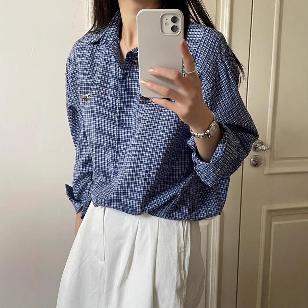 

Женская рубашка в синюю клетку с вышивкой, с длинным рукавом, весенне-осенняя, свободный повседневный топ XXL