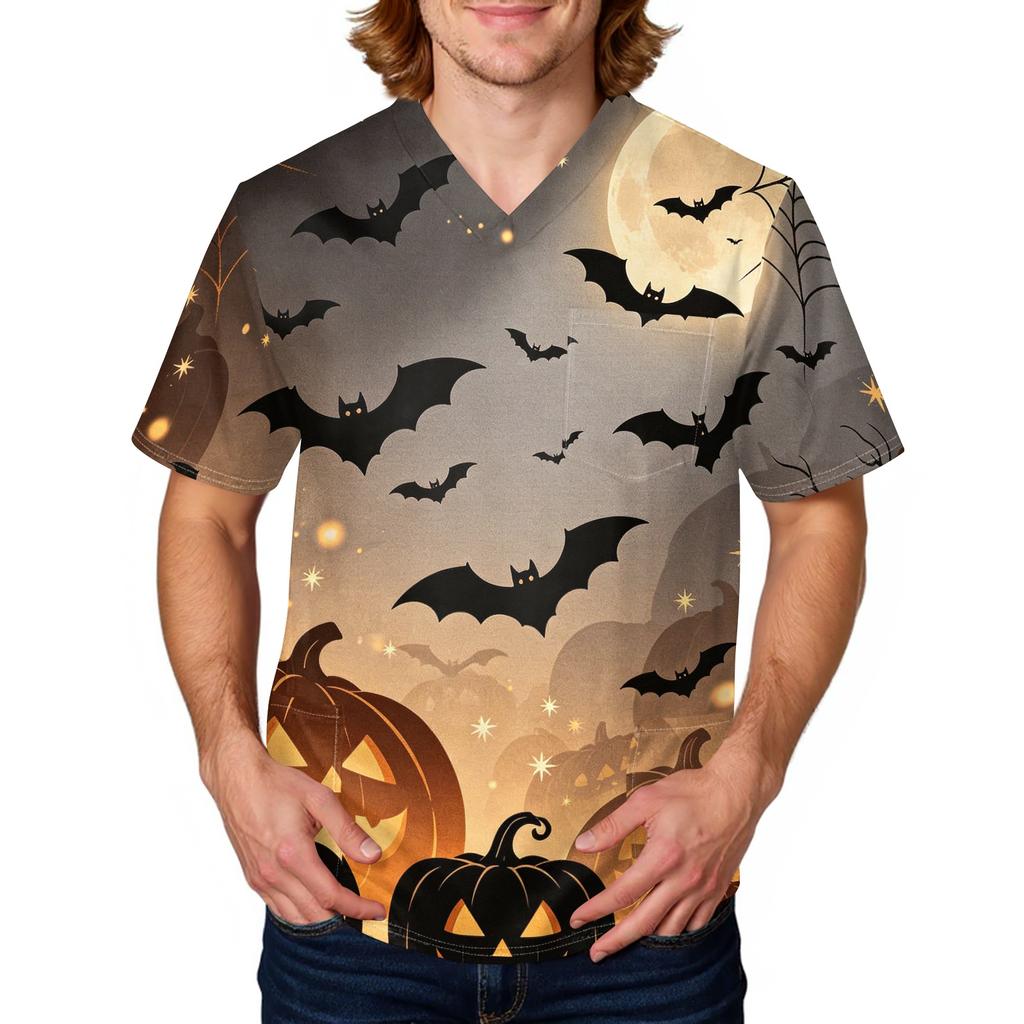 Herren Halloween Print Medizinische Kasack-Oberteil V-Ausschnitt mit Bindeband Taschen Bequeme Passform Tägliche Arbeitskleidung für medizinisches Fachpersonal