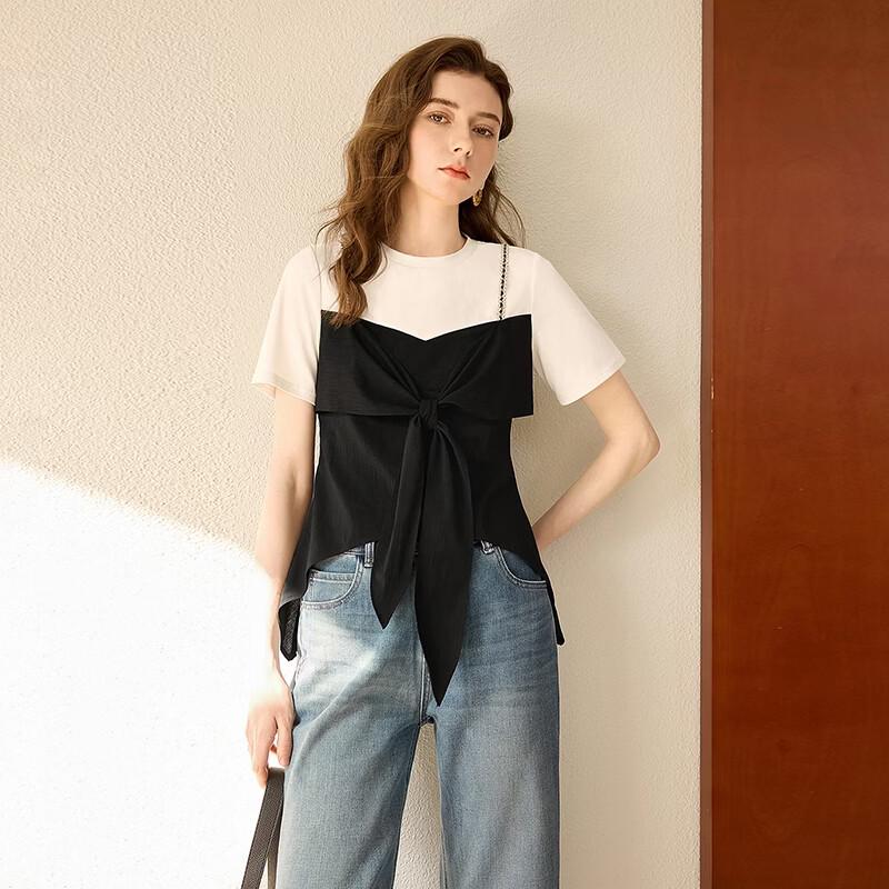 Women's French Style Faux Two-Piece Color Block Short Sleeve T-Shirt