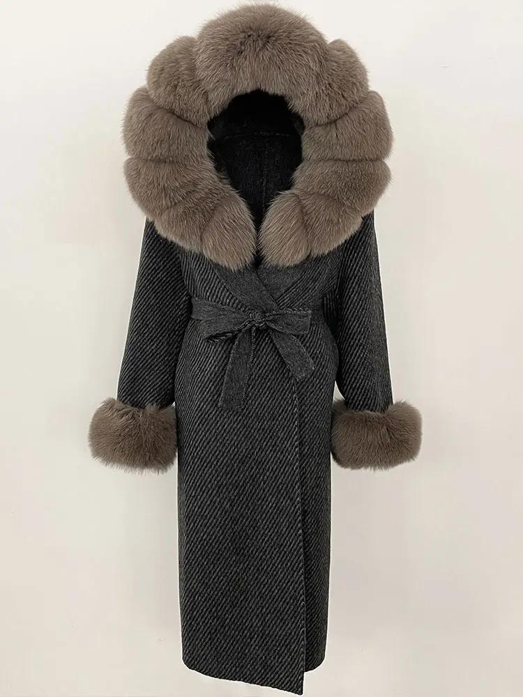 OFTBUY Winter Women Coat Real Natural Fox Fur Hooded Detachable Collar Double-faced Woolen Jacket Long Casual Elegant Overwears