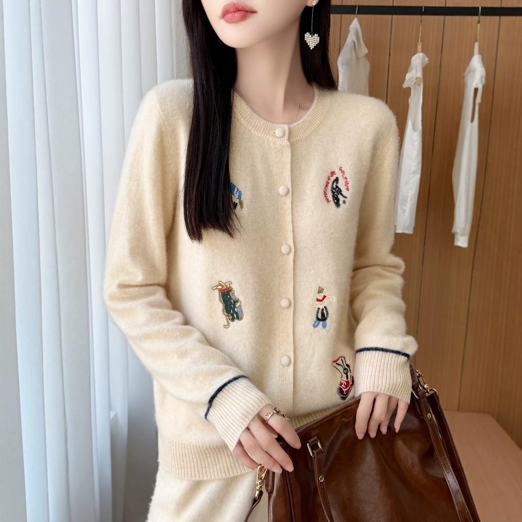 Women Autumn Winter Knit Cardigan Retro Fair Isle Pattern Round Neck Long Sleeve Loose Wool Blend Sweater Coat Casual Outerwear