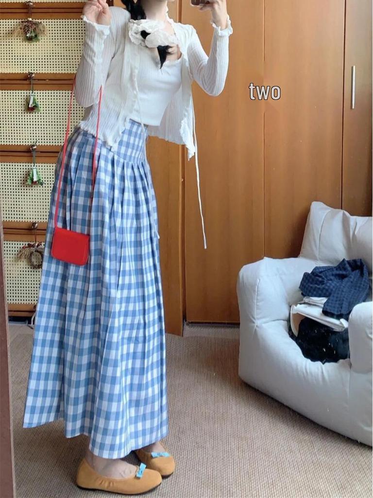 Plus Size American Plaid A-line Pleated Midi Skirt for Women - Autumn College Style