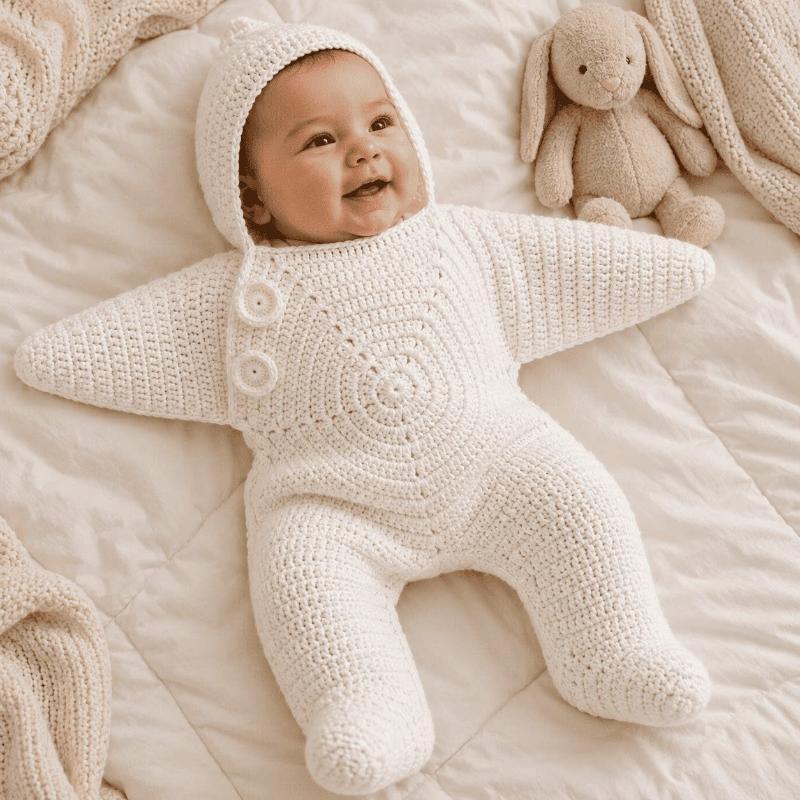 Completo Fasciatoio a Forma di Stella all'Uncinetto Fatto a Mano Morbido Accogliente con Cappuccio per Neonato Oggetti di Scena per Annuncio di Nascita