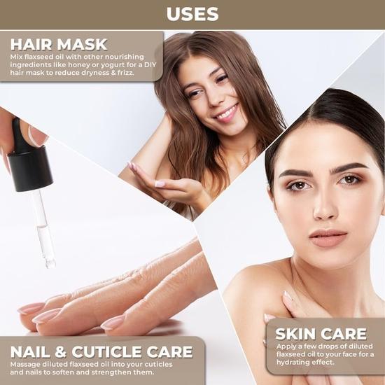 100% Plant Based Organic Flaxseed Oil for Hair | Cold Pressed & Unrefined Linseed Oil for Hair Growth | Reduce Dandruff, Acne & Hair Fall
