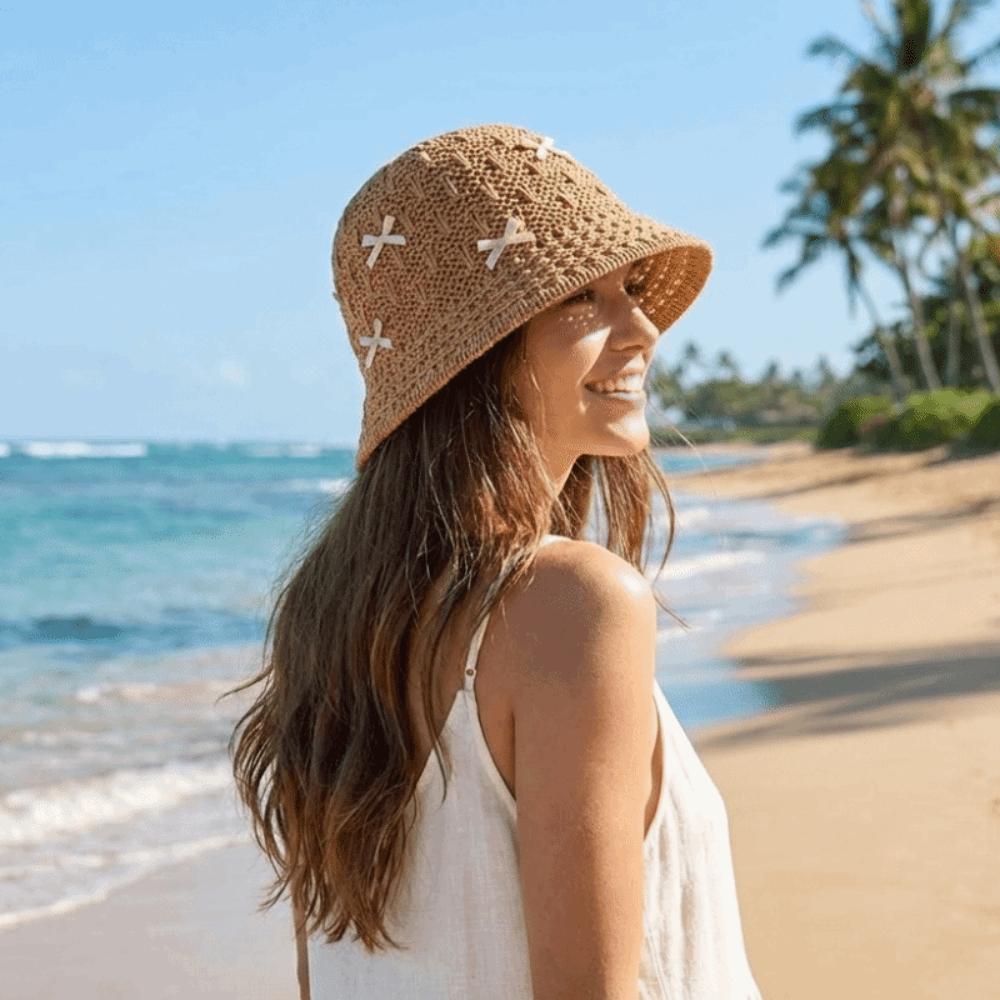 Solid Color Summer Sun Hat Weave Bow Bucket Hat Casual Sunscreen Visor Cap Hiking