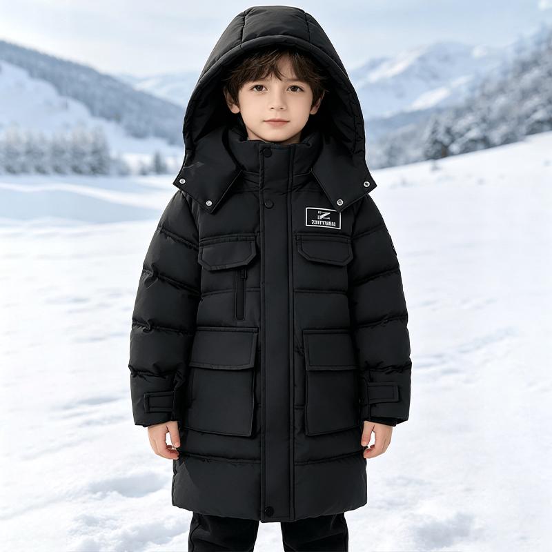 5-12 Years Kids Winter Mid-length Hooded Cotton Jacket Letter Icon Cargo Pocket Coat Boys Outdoor Windproof Sports Outerwear