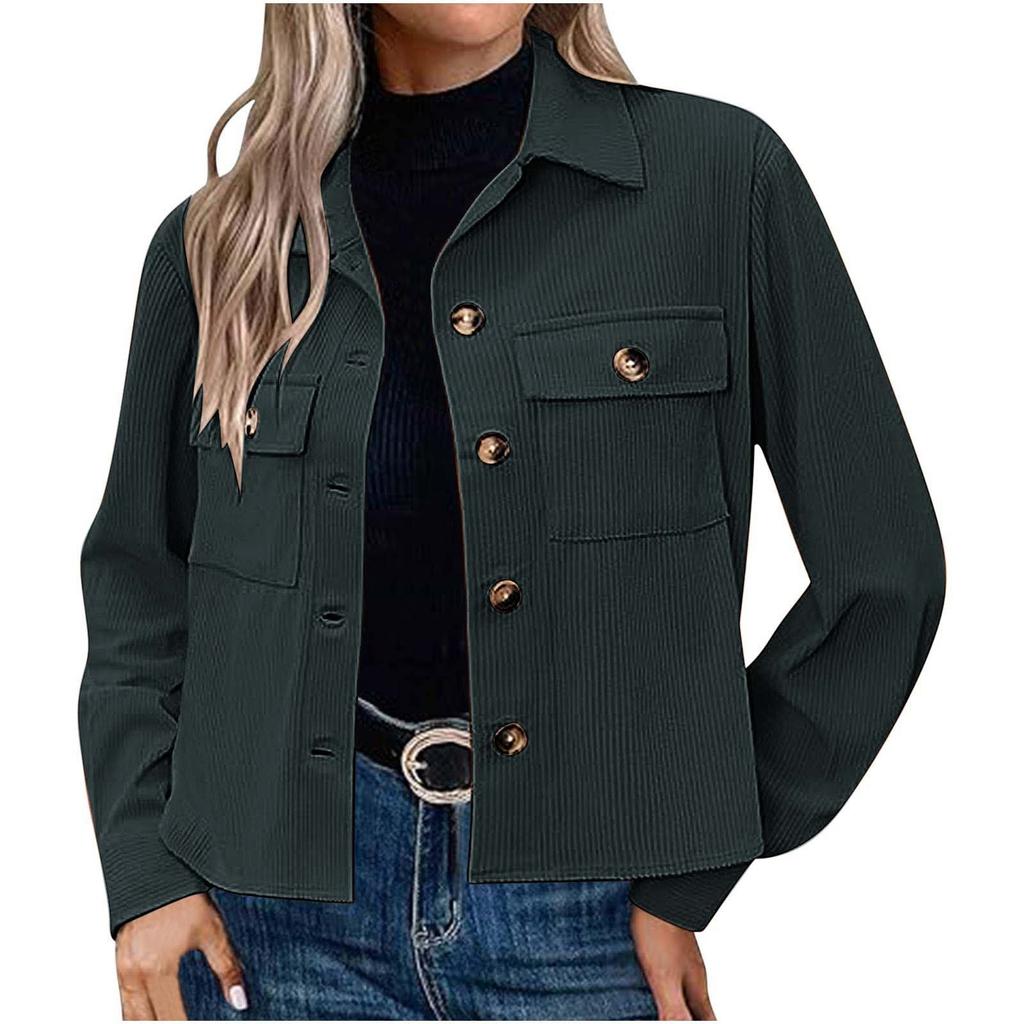 females  Cropped Corduroy coat Slim Fit Button Down Shirts coats Tops Trendy Long Sleeve Outwears With Pockets