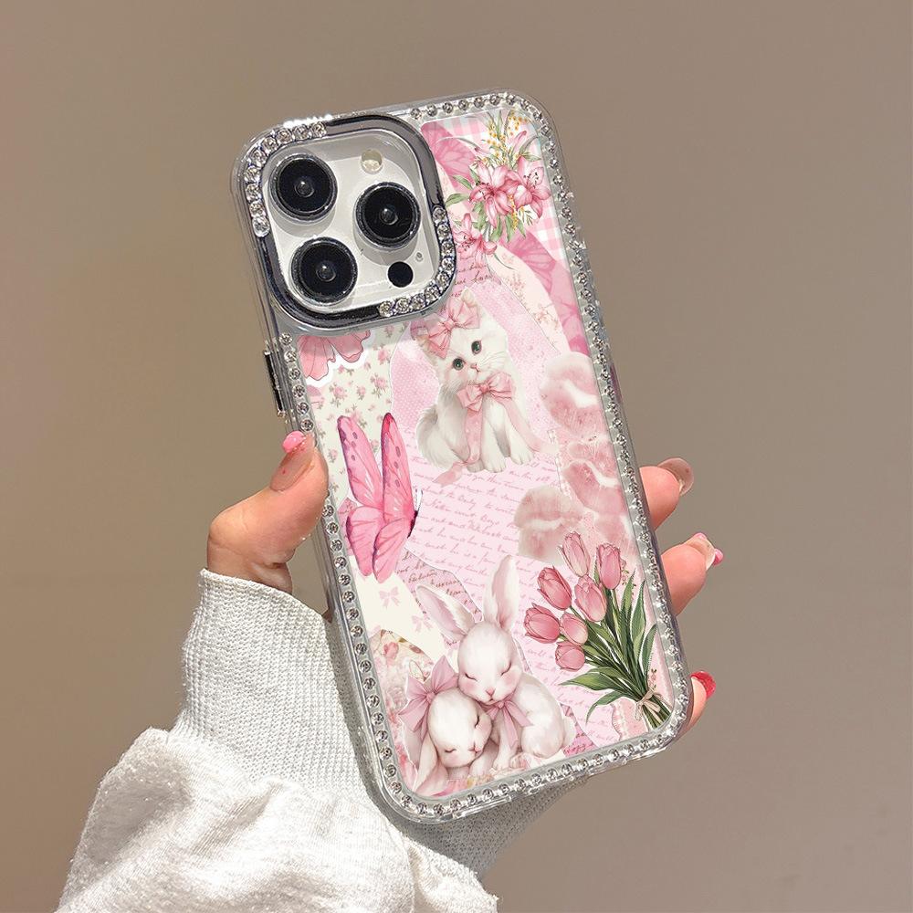 Applicable To iPhone16 Pink Tulip Butterfly Cat Mobile Phone Case 17ProMax Diamond Frame Girl Heart 13