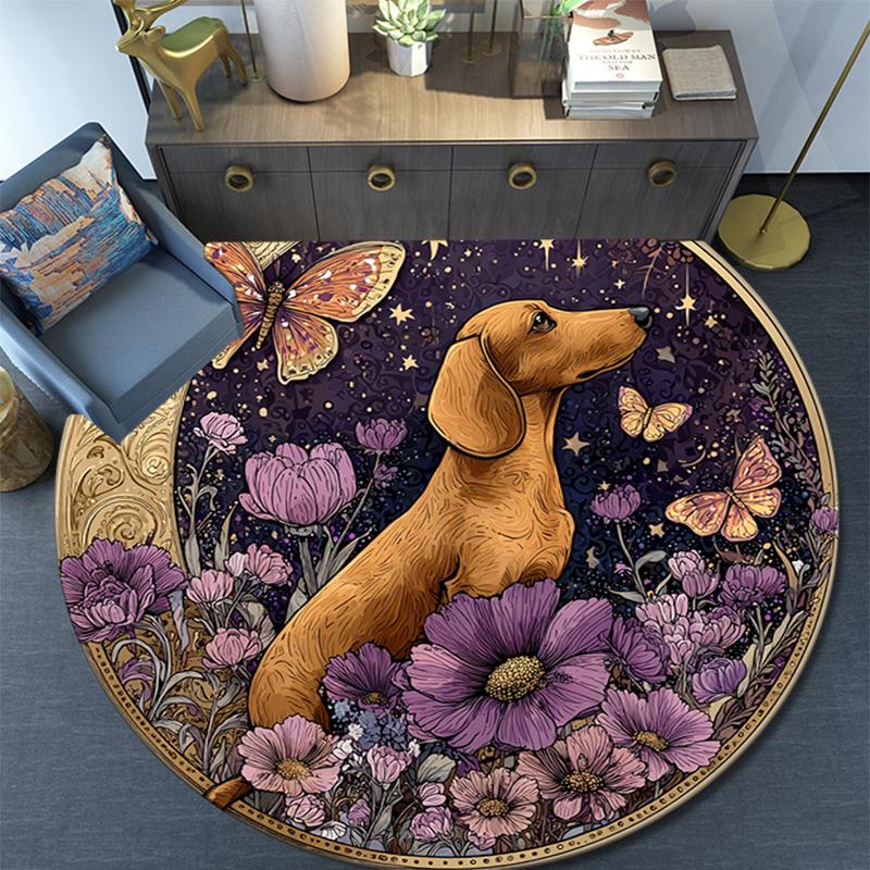 Dachshund Butterflies Round Area Rug,Carpet Rug for Living Room Bedroom Sofa Playroom Decor,Non-slip Floor Mat