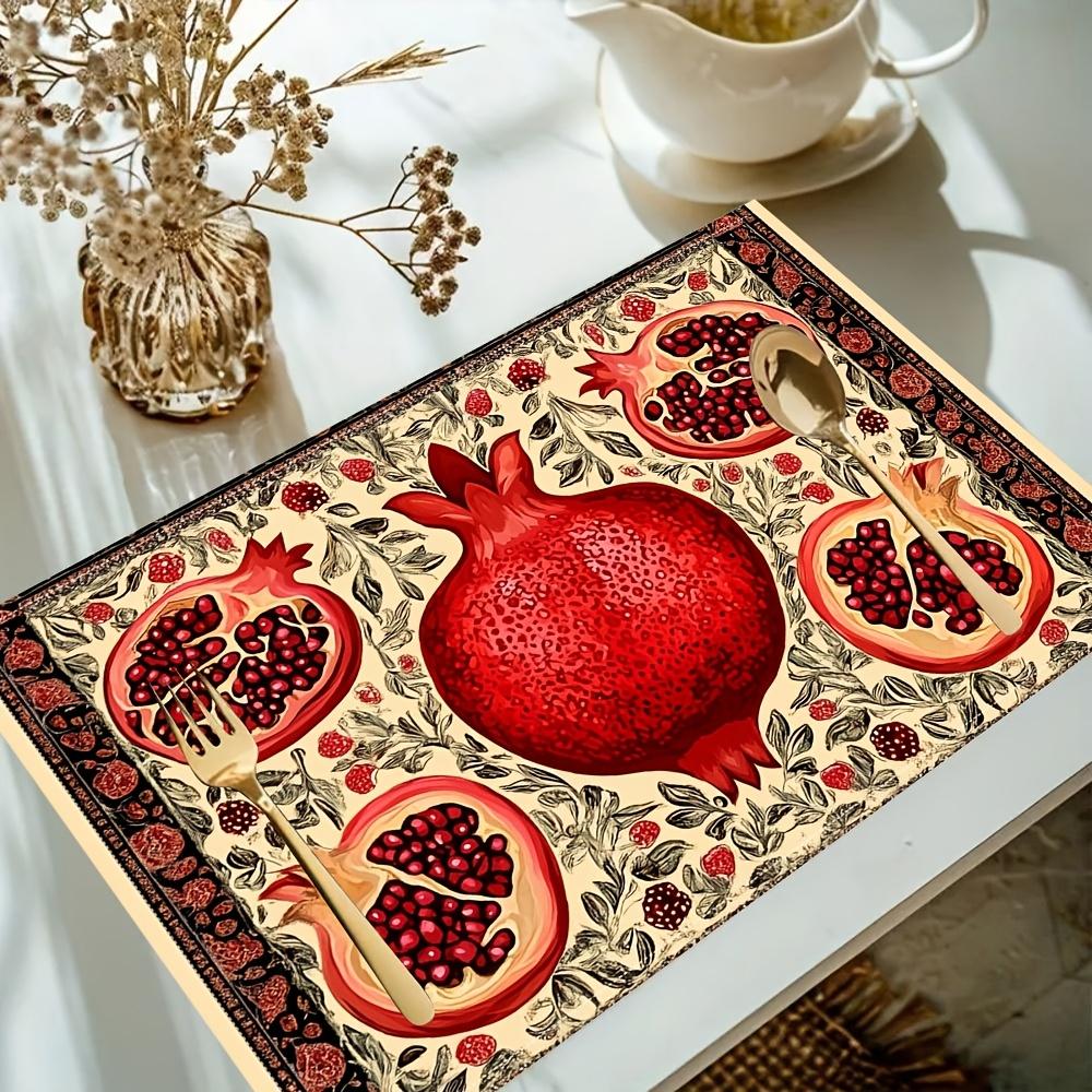 4-Pack Persian-Style Pomegranate Design Linen Table Mats, 12x18 Inch Rectangular Machine Washable Placemats for Dining