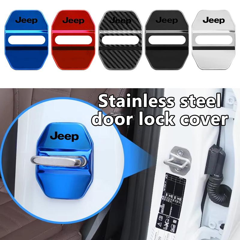 For Jeep 4pcs Car Door Lock Cover Stainless Steel Protection Accessories Grand Cherokee Wrangler JK Renegade Gladiator Compass