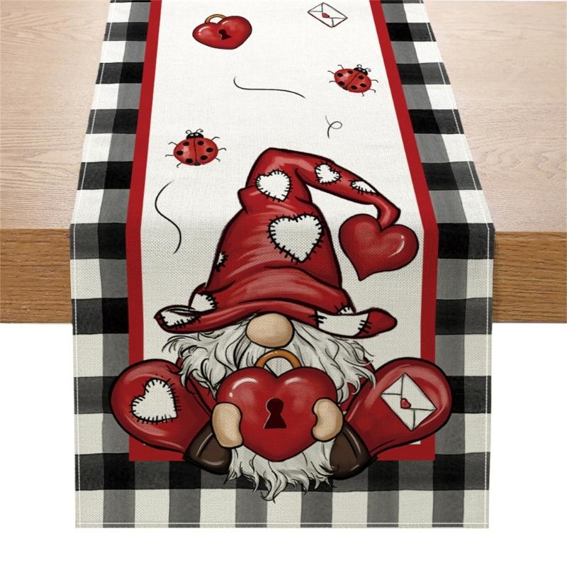 

Valentines Day Linen Table Runner Wedding Decoration Heart Gnome Couple Table Runner Tablecloth for Dining Table Decor