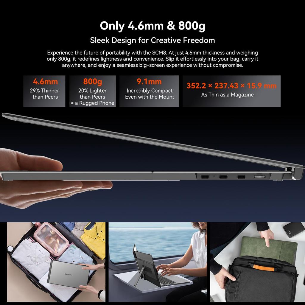 Blackview Monitor portabil ultra-subțire SCM8 15.3" – 4.6mm subțire, 800g ușor, Plug & Play USB-C
