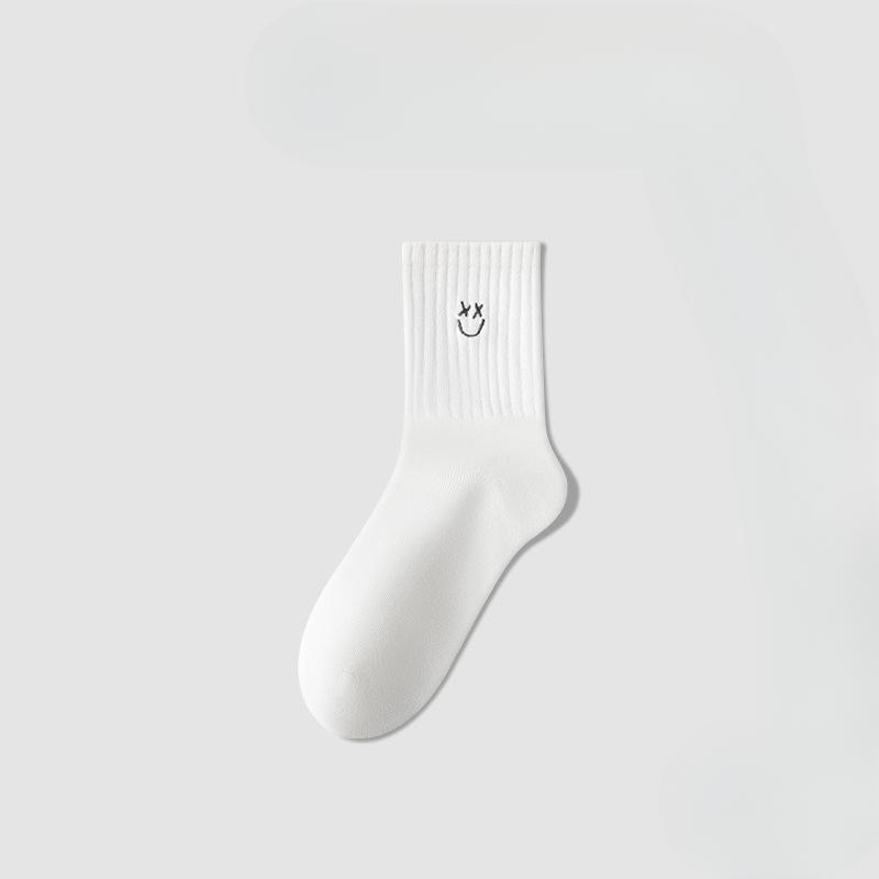 Female Spring and Autumn Pure Cotton Smiling Face Embroidery In The Tube Socks