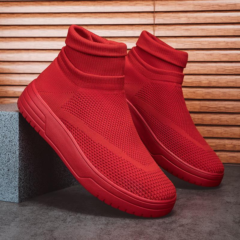 

Осень новые парные носки обувь дышащая сетка высокий верх повседневная обувь мужская толстая подошва вязаная спортивная обувь 46 красный
