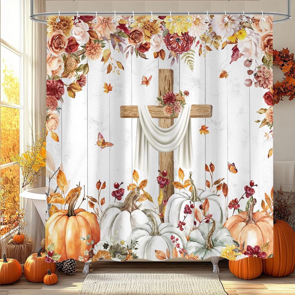 Fall Pumpkin Maple Leaf Shower Curtain, Autumn Thanksgiving Harvest Orange Pumpkin Design Bath Curta for Bathroom, Watercolor Floral Decor Waterproof