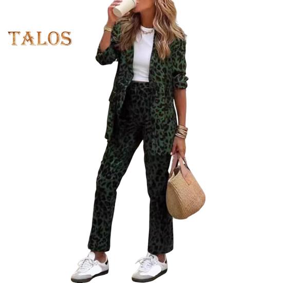 

2 шт./комплект женский формальный пиджак брюки комплект длинные рукава леопардовый принт лацкан кардиган средней длины пиджак прямые брюки с высокой талией формальный деловой L зелёный