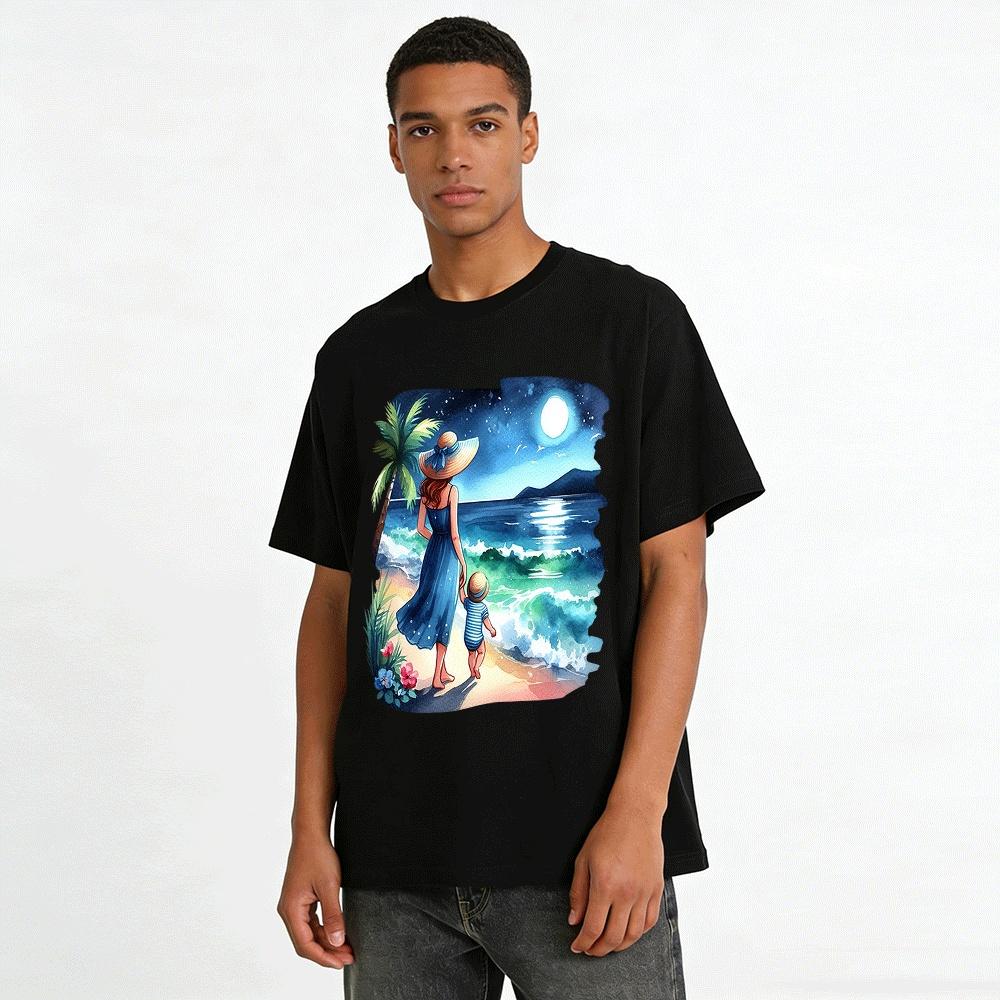 Mother And Toddler Moonlit Beach Stroll Graphic Tee Pure cotton T-shirt