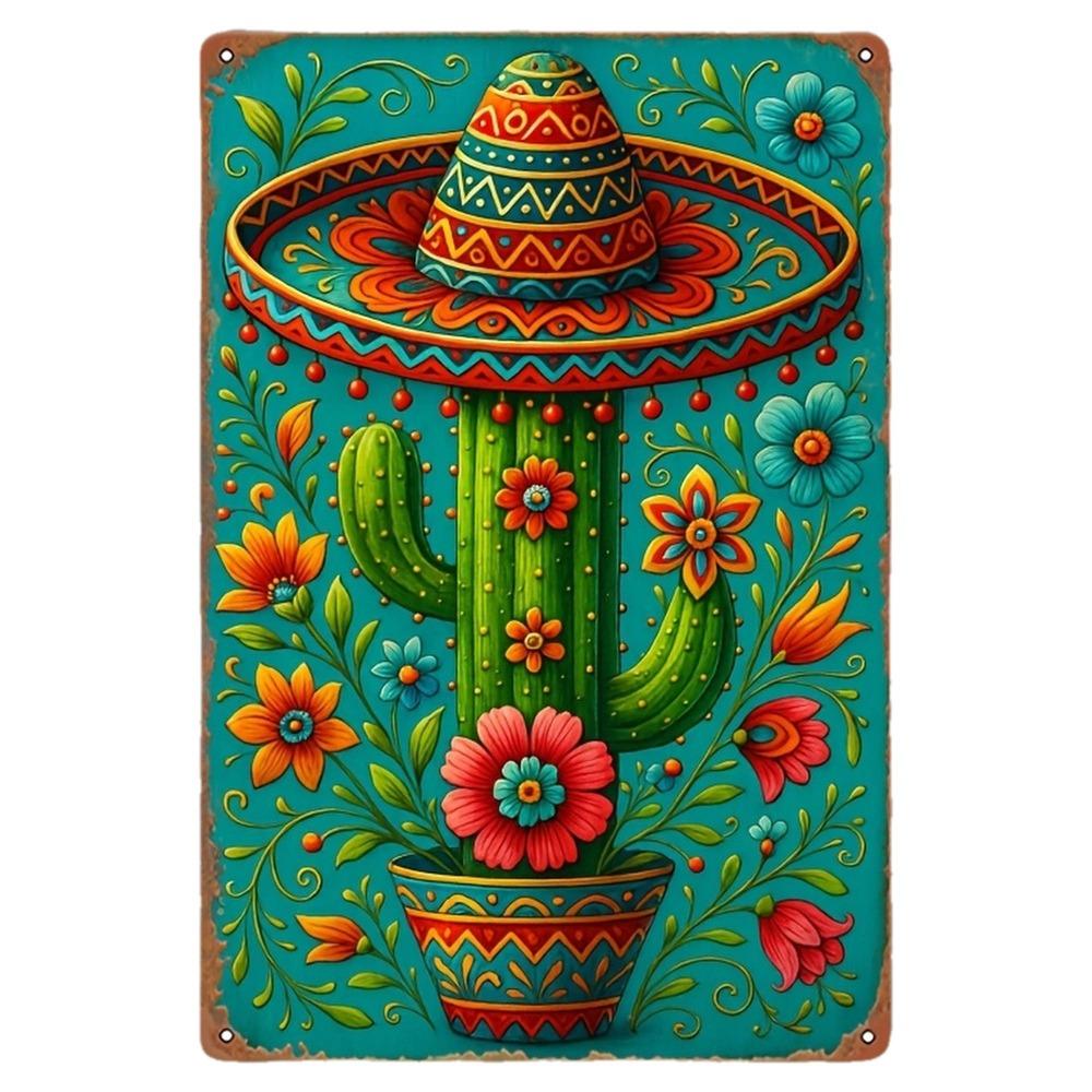Retro Tin Sign Mexican Sombrero Cactus Design Rustic Metal Wall Art for Home Bar Cafe Garage Farmhouse Cinco De May