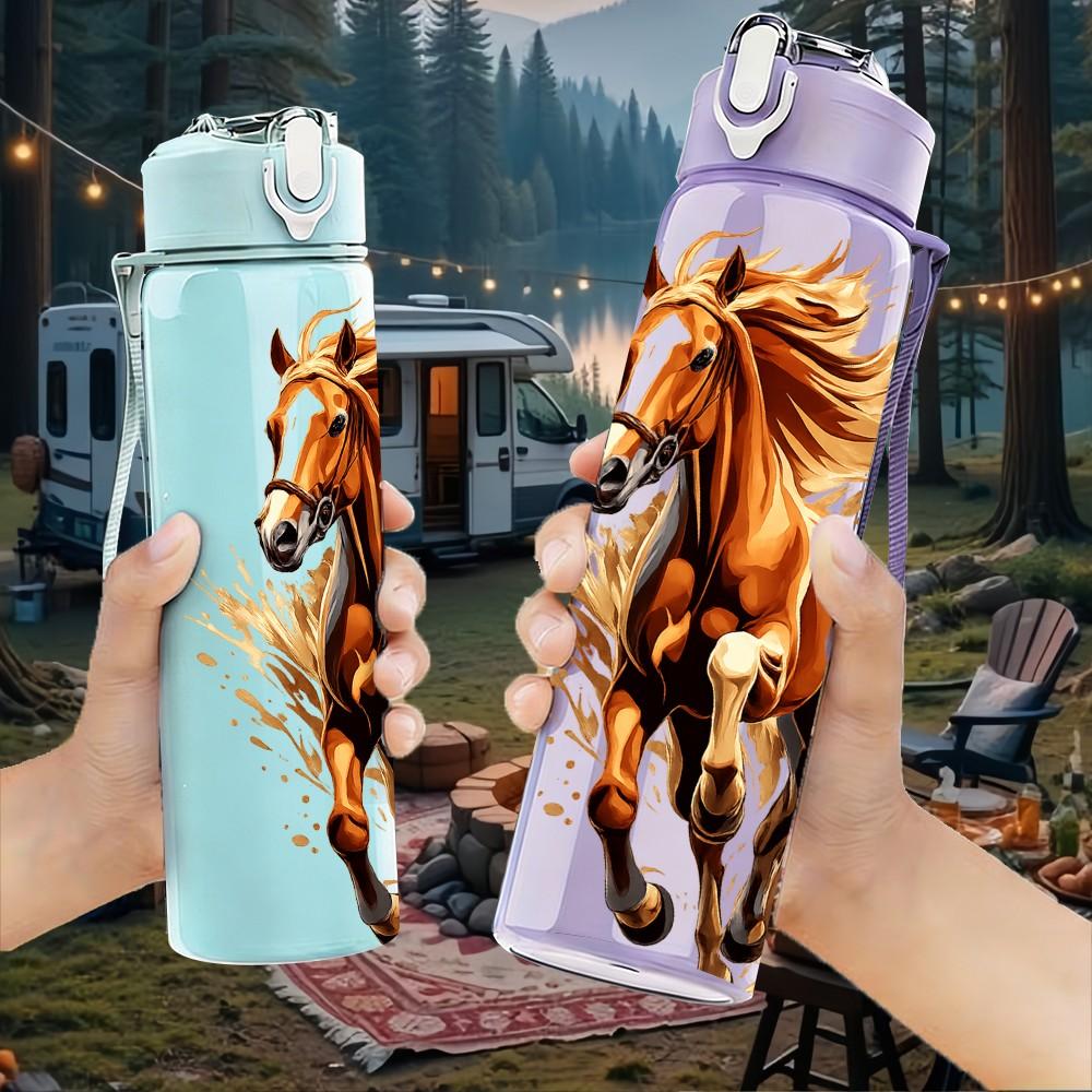 1PC Running Horse Watercolor Print 750ml Color Plastic Sports Water Bottle Leakproof Flip Straw Lid Suitable for Sports Office Home Use