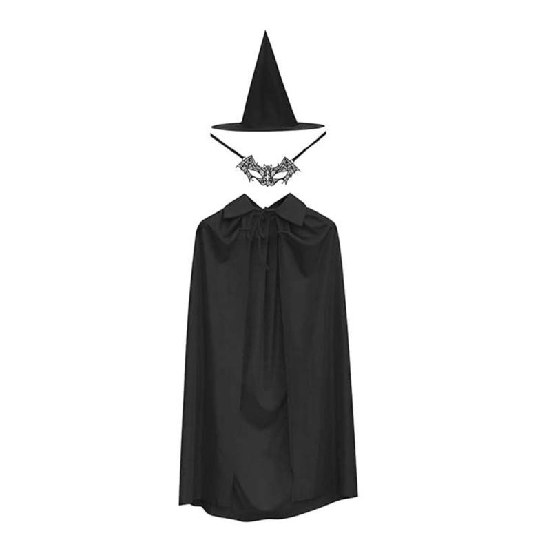 

Женская шляпа ведьмы с плащом ведьмы, кружевной маской для глаз, женский аксессуар для косплея ведьмы, взрослый костюм на Хэллоуин для маскарада 1 чёрный