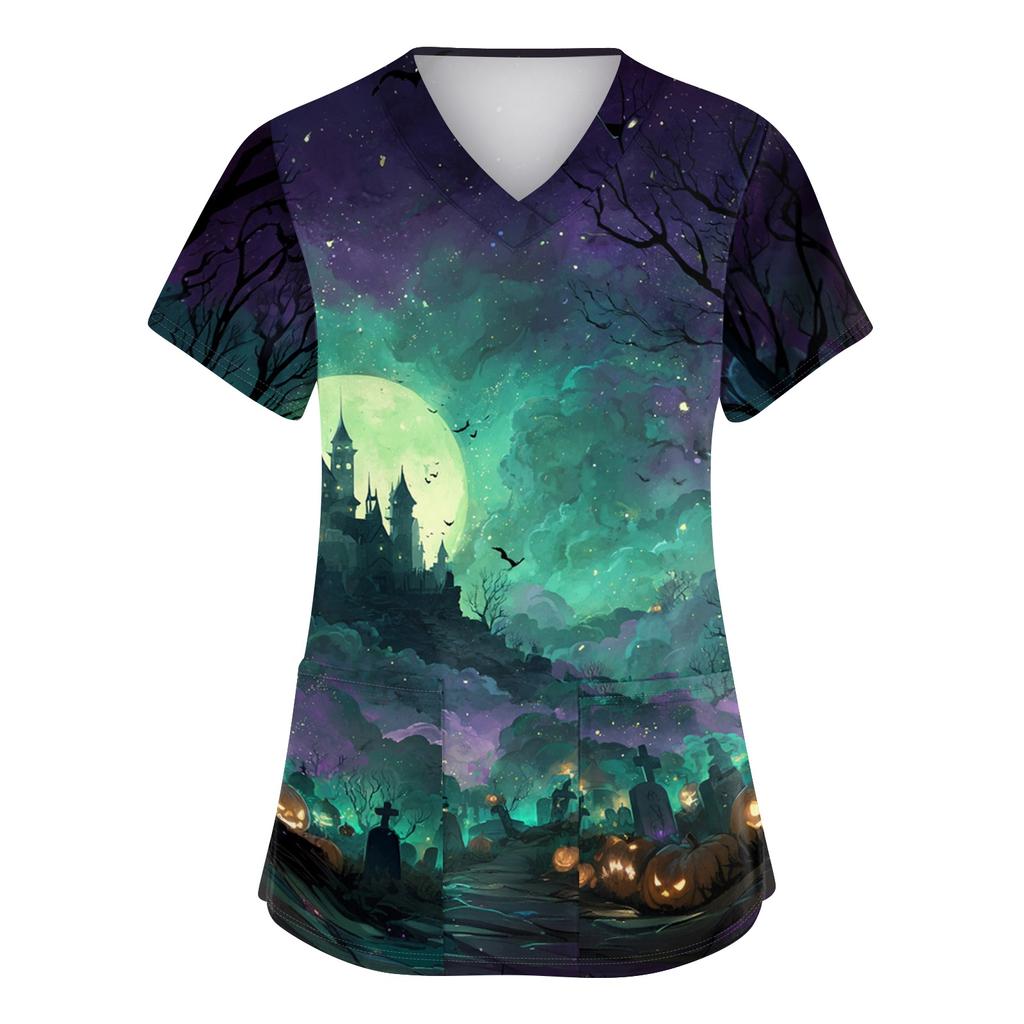 Women's V-Neck Short Sleeve Scrub Top with Pockets - Halloween Print Caregiver Work Shirt for , , and Uniform