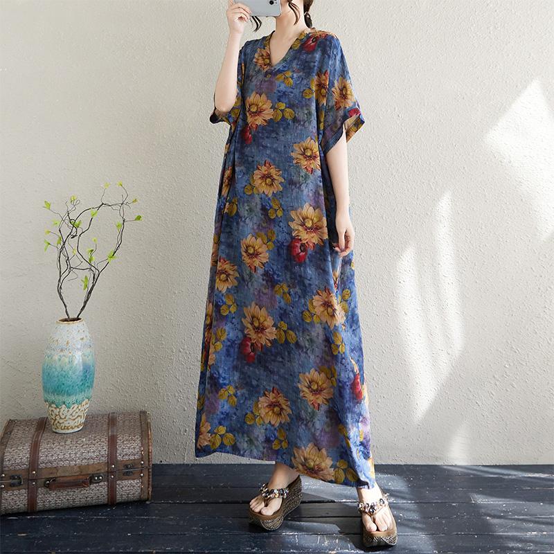 DIMANAF 2025 Summer Plus Size New Dress Beach Basic Loose Women Casual Flower Printing V-Neck Long Vintage Dress Maxi