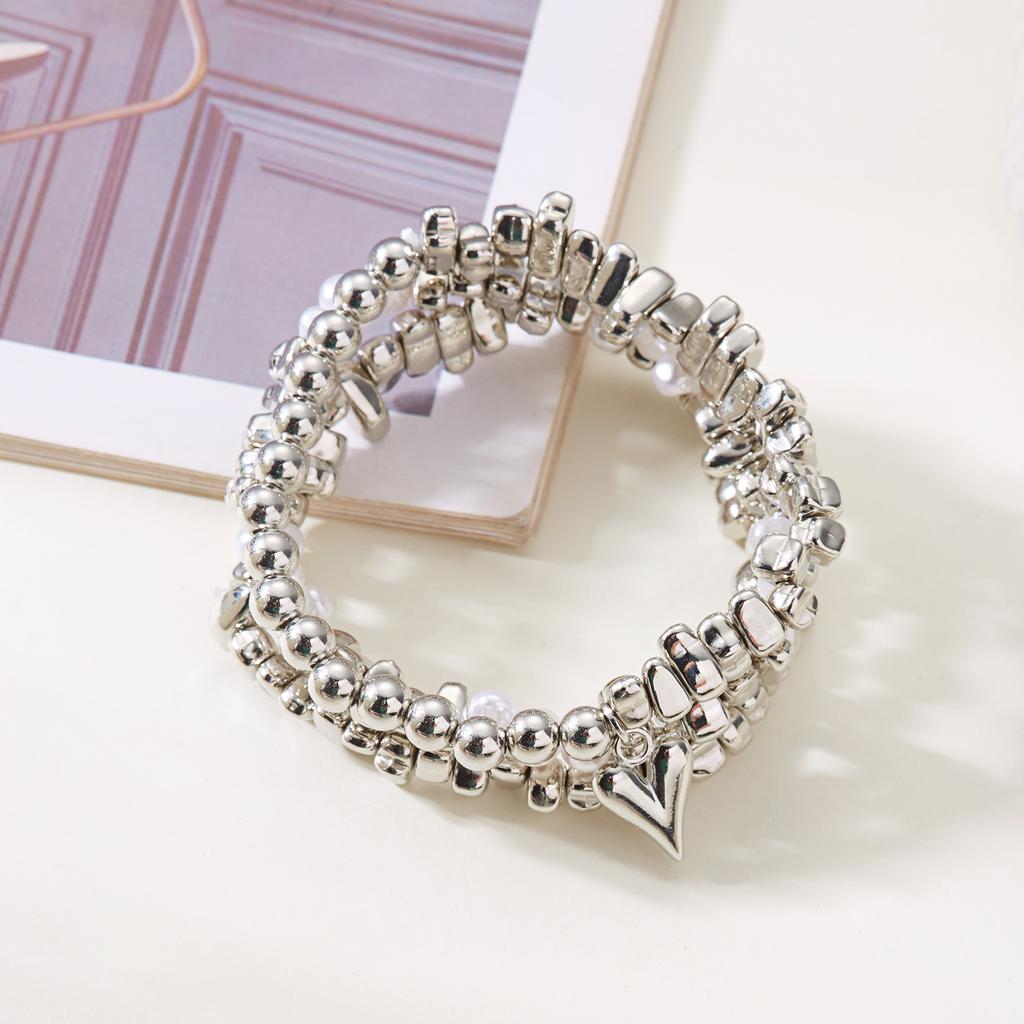 Retro Irregular CCB Bead Elastic String Bracelet Set for Women Simple Heart Shaped Multilayer Bracelet Charms Birthday Jewelry