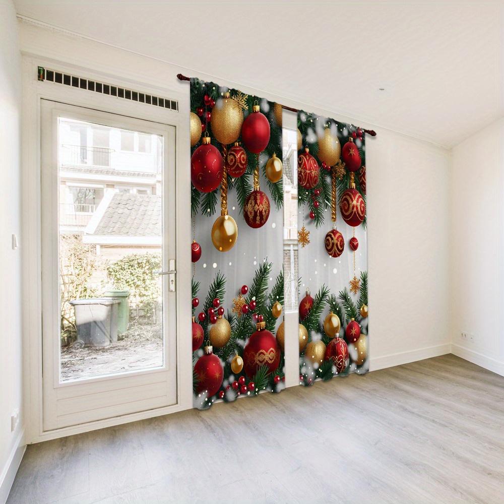 2 Pieces Christmas Deer Bell Pine Branch Patterns Curtains Rod Pocket Mount Digital Printed Polyester for Living Room Kitchen