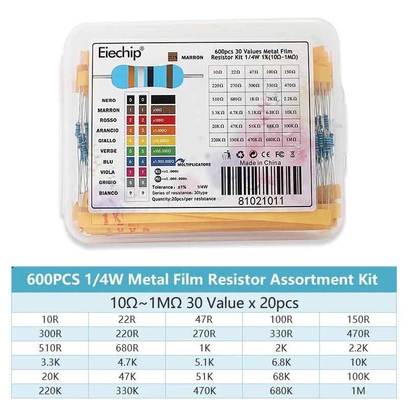 

300/600PCS 1/4W Resistance 1% Metal Film Resistor Kit with Box 1K 10K 100K 220ohm 1M Resistors 30 Kinds 300PCS-box
