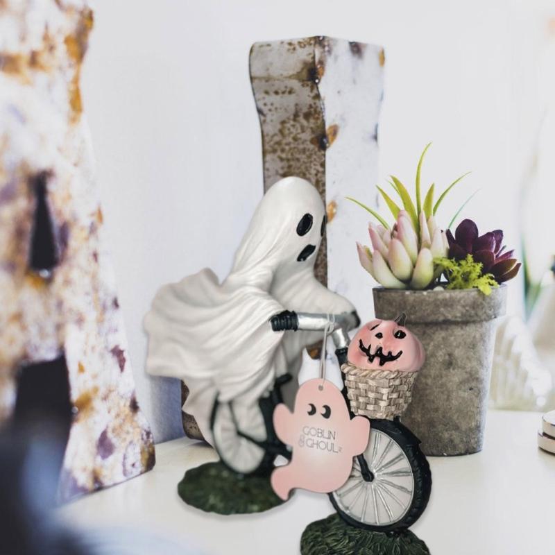 Ghostly Riding on Bicycles with Pumpkin Figurine Sculpture Indoor and Outdoor Resins Ornament Halloween Party Decoration