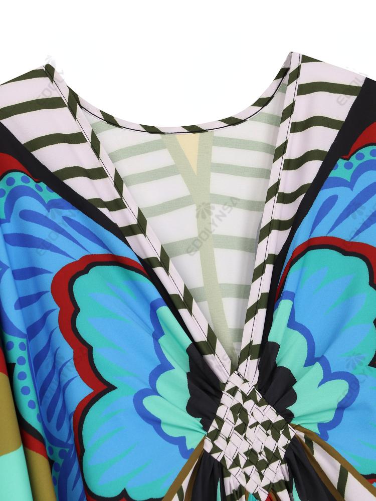 EDOLYNSA Plus Size Kaftan Red Bohemian Printed Summer Long Beach Dress Women Homewear Outfit Swim Suit Cover Up Loose Caftan