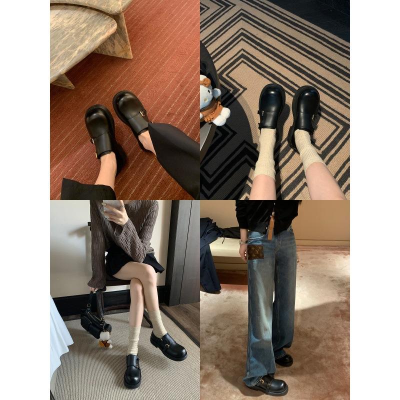 Cowhide Version Grape Mother Double Buckle with Round Head Leather One-pedal British Style Platform Small Leather Shoes Women's Loafers Mickey