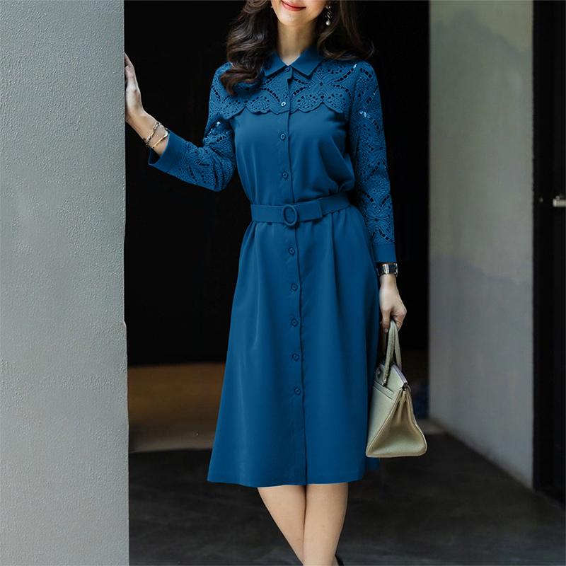 

ZANZEA Женское повседневное платье с отложным воротником, длинным рукавом и кружевной вставкой 3XL синий