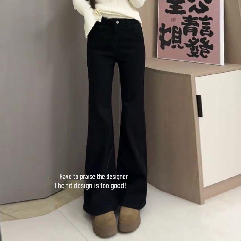 Women's Black Petite Velvet Micro Flare Jeans - Slimming Autumn/Winter Floor-Length Pants