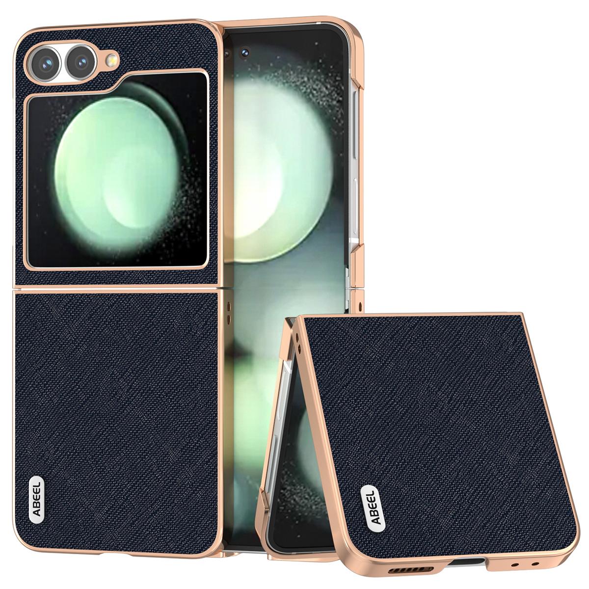 

ABEEL For Samsung Galaxy Z Flip7 FE 5G/Z Flip6 5G Case Electroplating Phone Cover Cross Texture Genuine Cow Leather+TPU Protective Case D