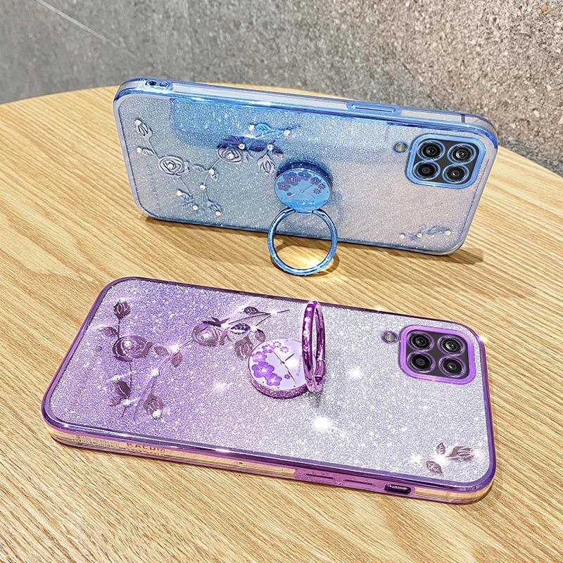KADEM For Samsung Galaxy A42 5G Flower Rhinestone Decor TPU Cover Glitter Gradient Phone Case with Ring Kickstand