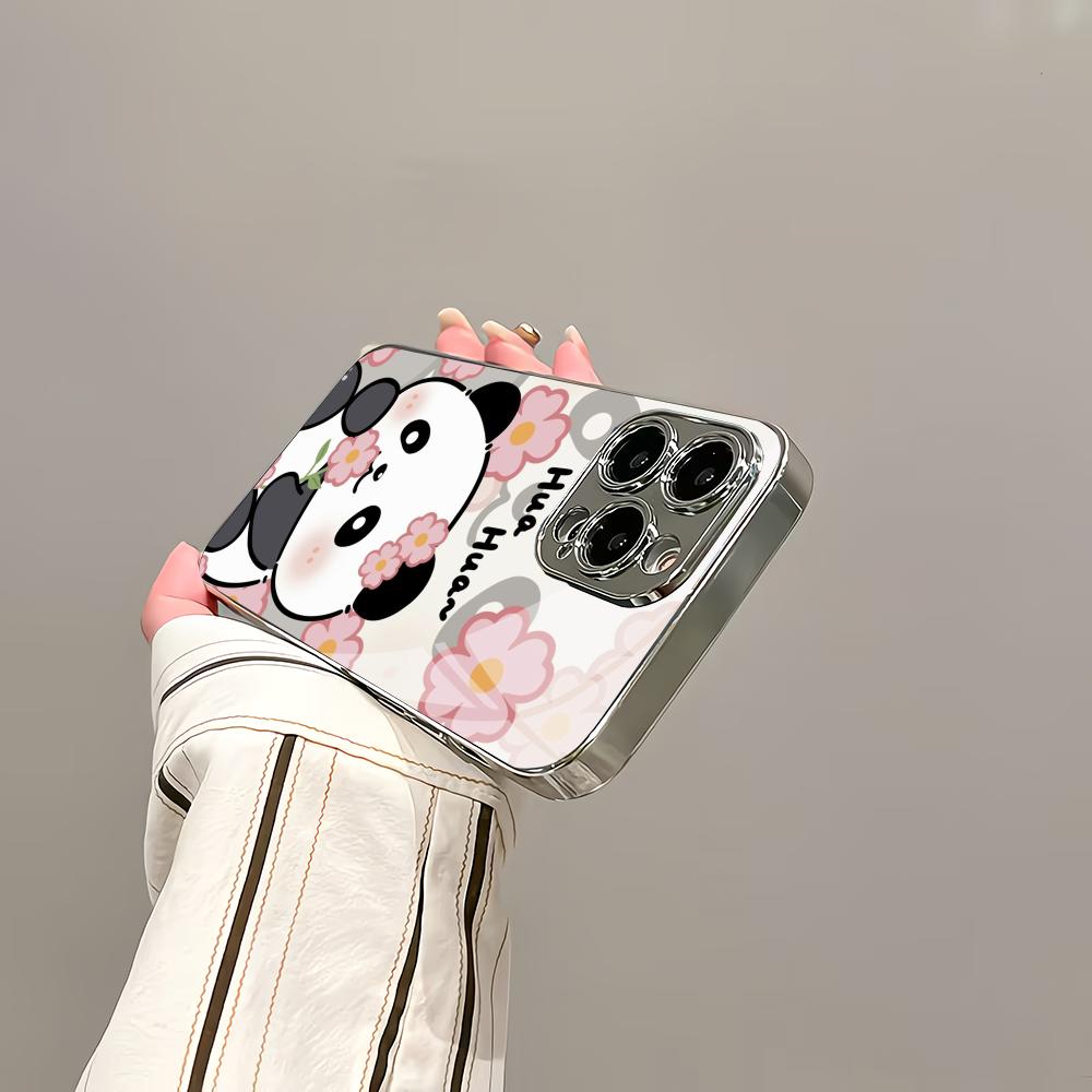 Cute Panda Flower Silver Plated Glass Phone Case Suitable for iPhone 17 16 15 14 13 12 11 Pro/Max/Plus Scratch Resistant