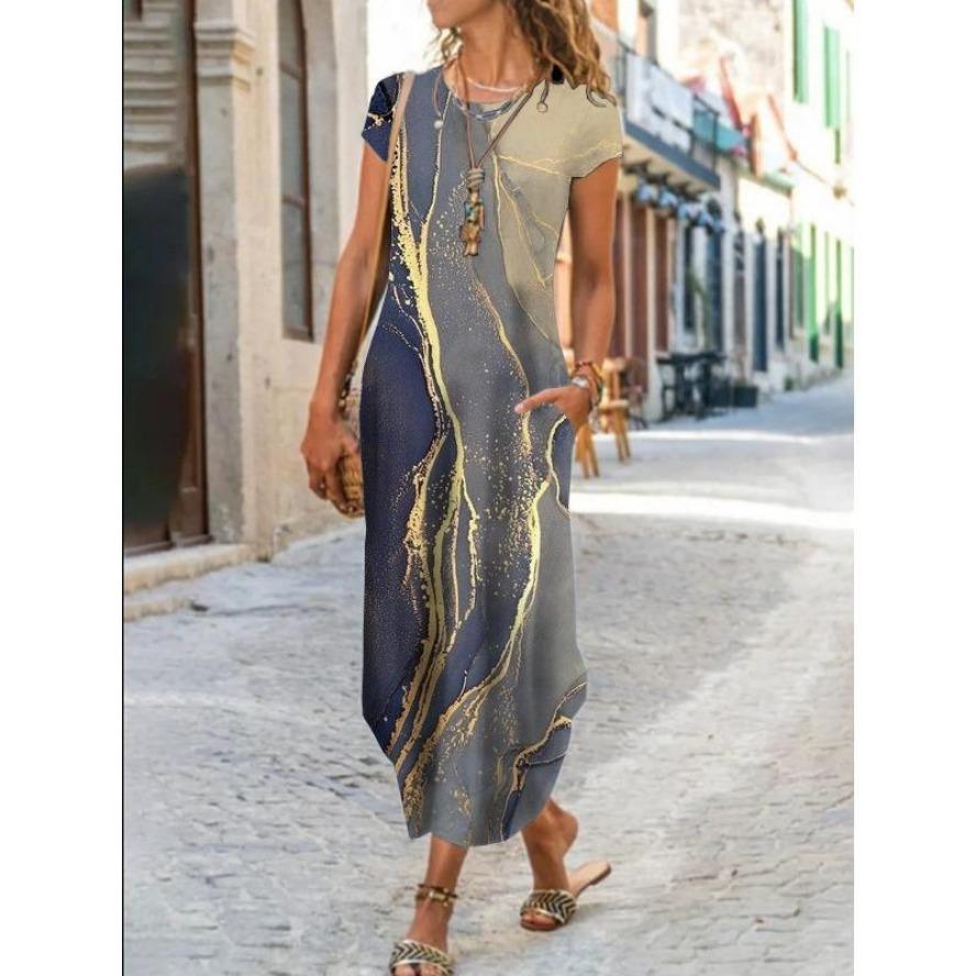 YYFS Women's Fashion Summer Spring Flower Pattern Print Short Sleeve O-Neck Loose Waistline Casual Dresses