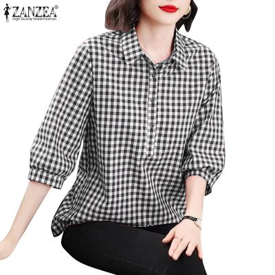 Lässige Bluse mit 3/4-Ärmeln und Umlegekragen für Damen mit Gittermuster